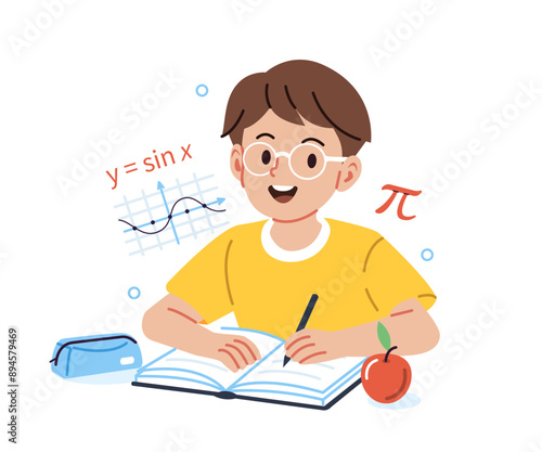 Education concept. School boy character learning mathematics subject, sitting at desk, writing and doing homework. Vector illustration.