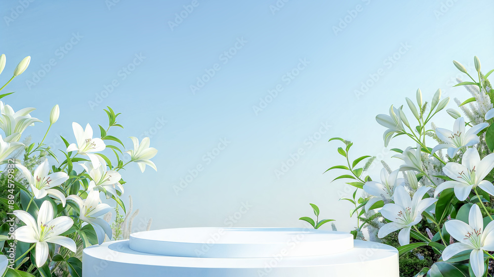 White podium surrounded by blooming lilies against a clear sky. Product display mockup with copy space. White podium surrounded by blooming lilies against a clear sky. Product display mockup with copy space.