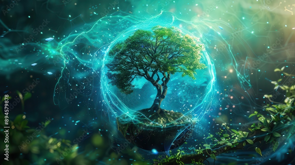 holographic earth surrounded by a swirling vortex of bioluminescent ...