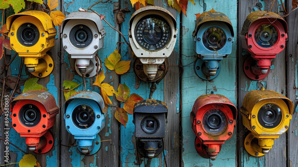 Fototapeta premium Multiple surveillance cameras mounted on walls in urban settings, capturing different angles of public spaces