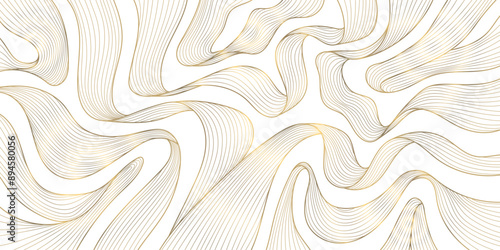 Vector gold on white line wave background, premium wave ribbons illustration. Abstract curve graphic shapes, elegant geometric dynamic template.