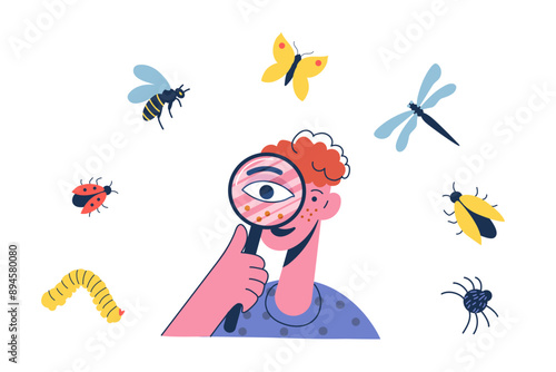 Boy holding a magnifying glass and observing insects. Schoolboy exploring insects, looking and studying nature