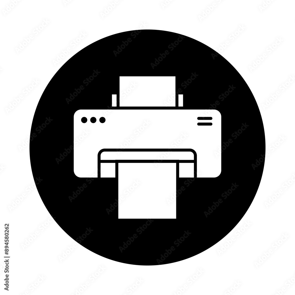 A white symbol printer vector icon, with a black circle background. A white symbol printer vector icon, with a black circle background.