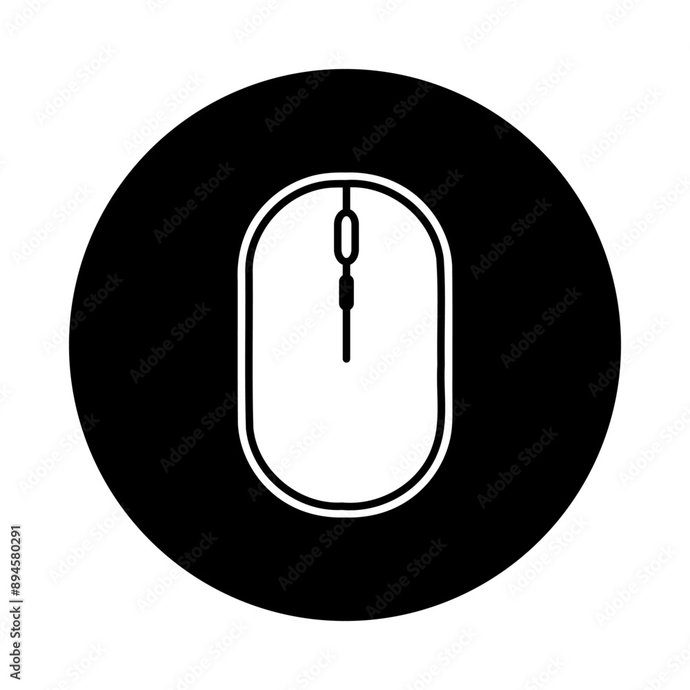 A vector icon of a white computer mouse symbol, on a black circle background. A vector icon of a white computer mouse symbol, on a black circle background.