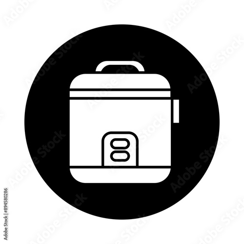 Vector icon of a white symbol rice cooker, with a black circle background. photo