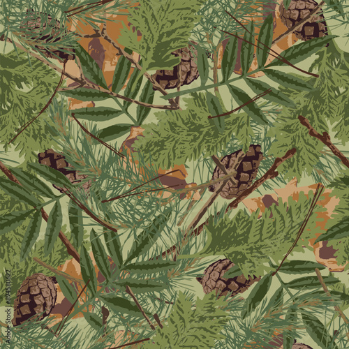 Seamless khaki green camo pattern with forest foliage, nature elements. Leaves, cones, pine needles. Wild nature. For apparel, fabric, textile, sport goods.