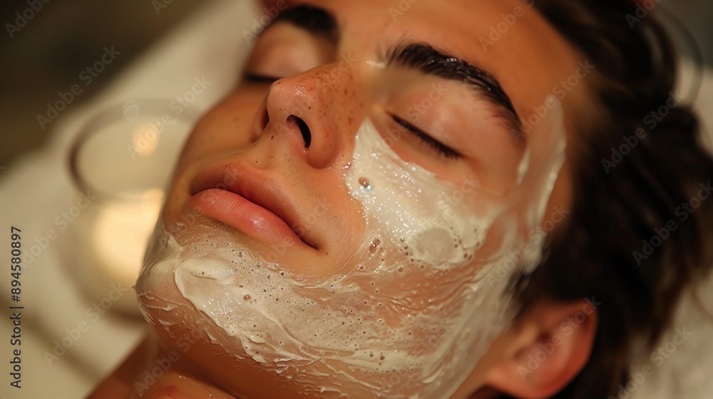 Close-up of a person receiving a soothing facial mask treatment at a spa, with eyes closed and a serene expression Close-up of a person receiving a soothing facial mask treatment at a spa, with eyes closed and a serene expression