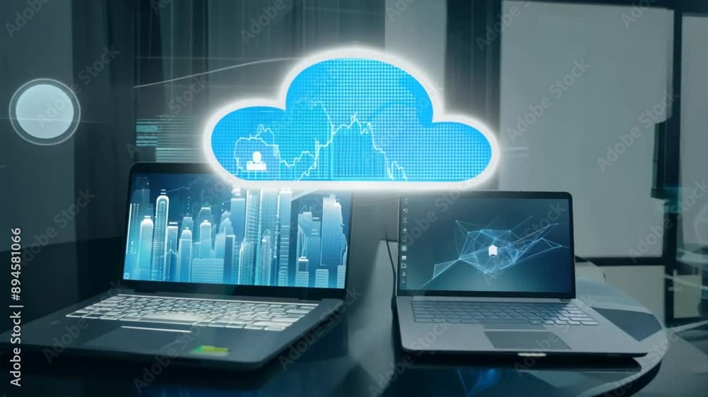 Laptop illustrating cloud computing concept with global connection and data sharing, in a technology-themed 3D illustration Laptop illustrating cloud computing concept with global connection and data sharing, in a technology-themed 3D illustration