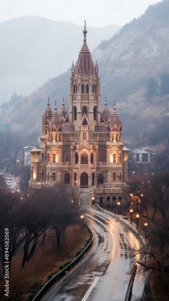 Obraz premium a gothic castle under a full moon amidst a foggy, eerie landscape that evokes a sense of mystery and the supernatural 