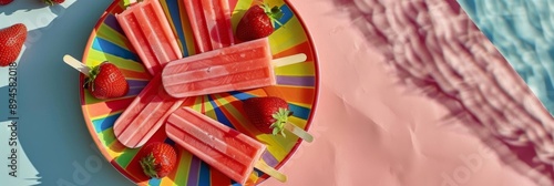 Colorful plate with vibrant pattern holds strawberry popsicles in circle on blue surface, with pink and blurred blue background