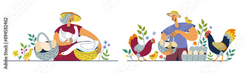Male and female farmers with poultry birds, hens, geese and organic eggs. Promoting, selling natural farm product