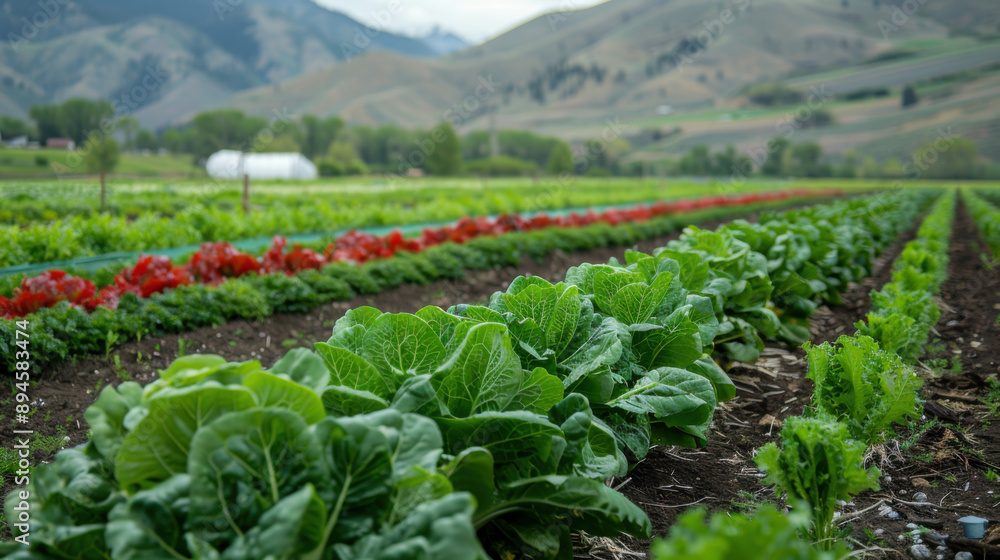 Rows of fresh lettuce growing on a farm with mountains in the background, representing agriculture and organic farming. Rows of fresh lettuce growing on a farm with mountains in the background, representing agriculture and organic farming.