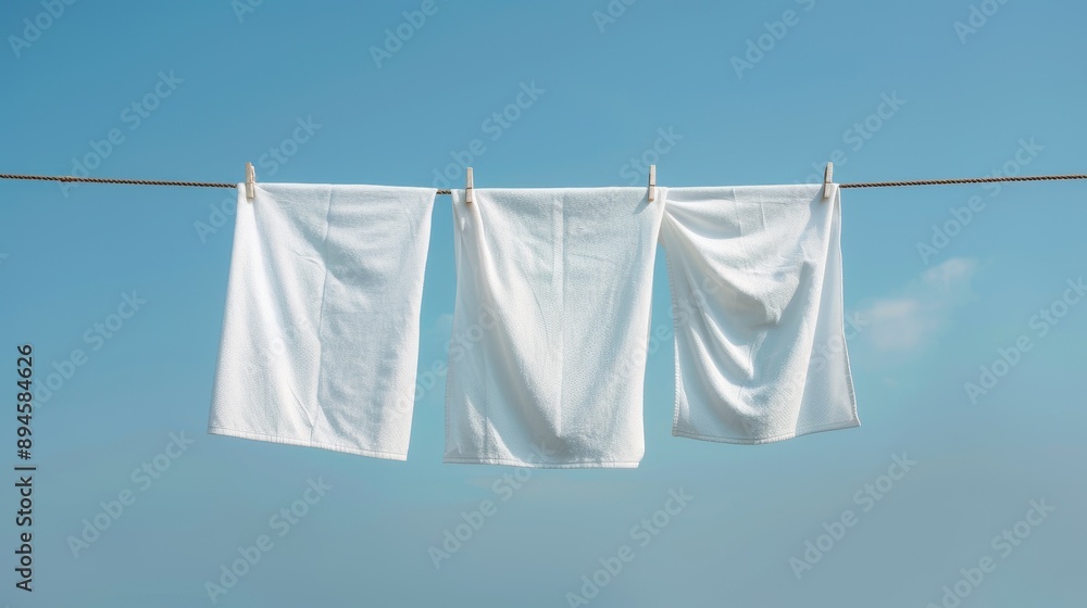 Clean white bedsheet hanging on clothesline Clean white bedsheet hanging on clothesline