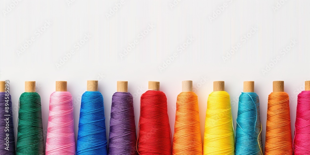 Studio photo of colourful spools of thread arranged in a rainbow pattern against white background. Sewing and hobby concept. Studio photo of colourful spools of thread arranged in a rainbow pattern against white background. Sewing and hobby concept.
