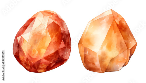 Amber garnet sunstone, watercolor clipart illustration with isolated background.