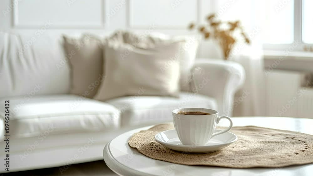 A cup of coffee on the table in the stylish living room. Seamless looping 4k time-lapse animation video background A cup of coffee on the table in the stylish living room. Seamless looping 4k time-lapse animation video background