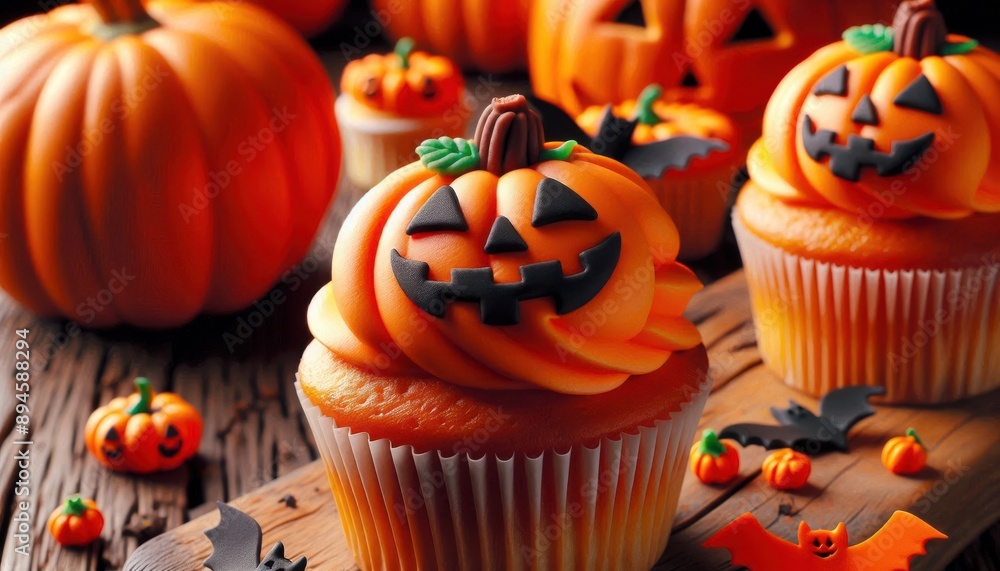 A Halloween cupcake adorned with orange frosting and a fondant jack-o'-lantern sits among festive decorations..Concept: Spooky sweet treat, Halloween party food, festive dessert. A Halloween cupcake adorned with orange frosting and a fondant jack-o'-lantern sits among festive decorations..Concept: Spooky sweet treat, Halloween party food, festive dessert.