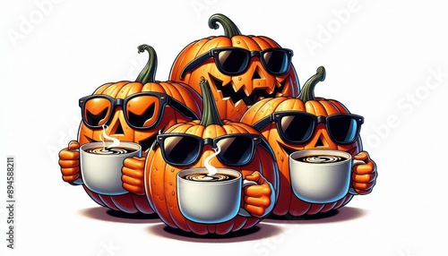 Four jack-o'-lanterns sporting sunglasses enjoy a coffee break together, each holding a mug..Concept: Humorous Halloween, pumpkin friends, playful illustration.