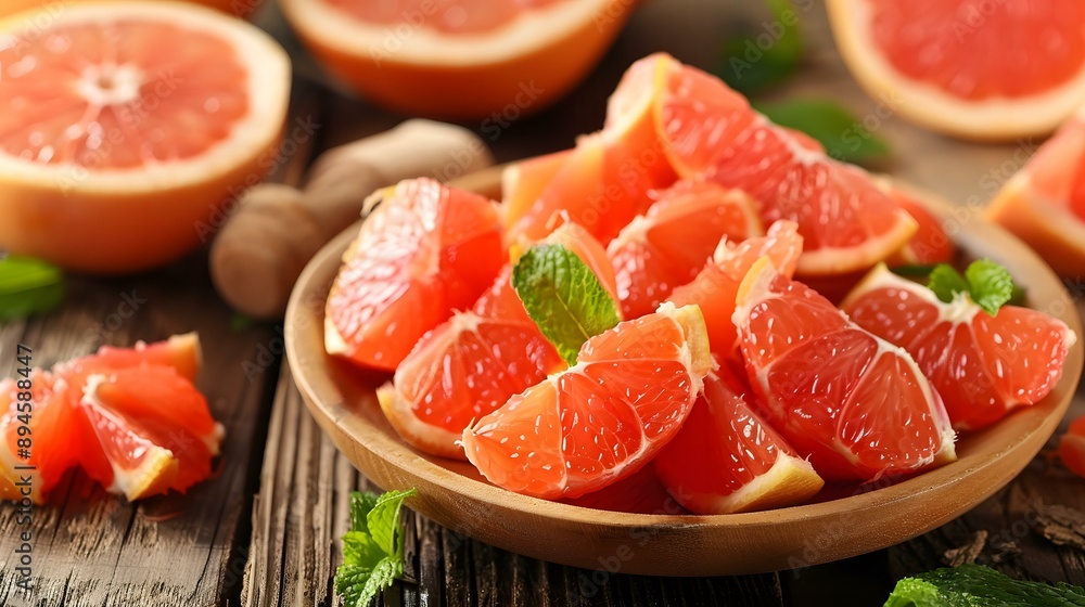 Fresh Sliced Grapefruit and Mint Leaves on a Wooden Plate Fresh Sliced Grapefruit and Mint Leaves on a Wooden Plate