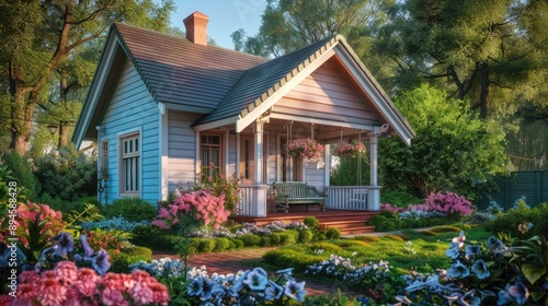 A charming bungalow with pastel-colored siding, a cozy porch with a swing, and a lush garden filled with vibrant flowers.