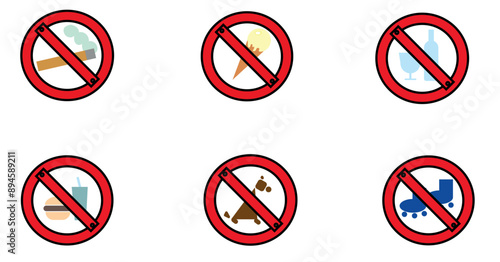 Round prohibition signs on white background, stickers prohibiting drinking alcohol, eating ice cream and fast food, roller skating, walking the dog