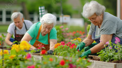 Wallpaper Mural Seniors gardening together in a vibrant flower bed, planting and nurturing colorful flowers in a community garden setting Torontodigital.ca
