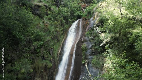 Scenic Waterfall And Forest - Rexio Waterfall In Folgoso do Courel, Lugo, Spain - Aerial Drone Shot photo