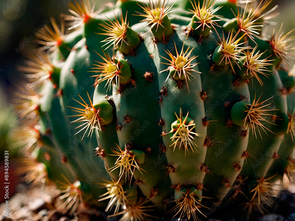 A close-up view of a cactus, focusing on the details of its spines and skin.