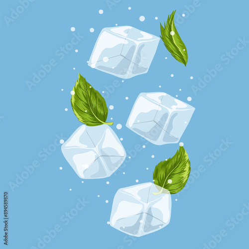 Ice cubes dropping in mineral water. Ice crystal cubes, peppermint, bubbles. Cartoon hand drawn vector illustration. Transparent freeze water for cocktail, soda for cooling. Frozen crystal pieces.