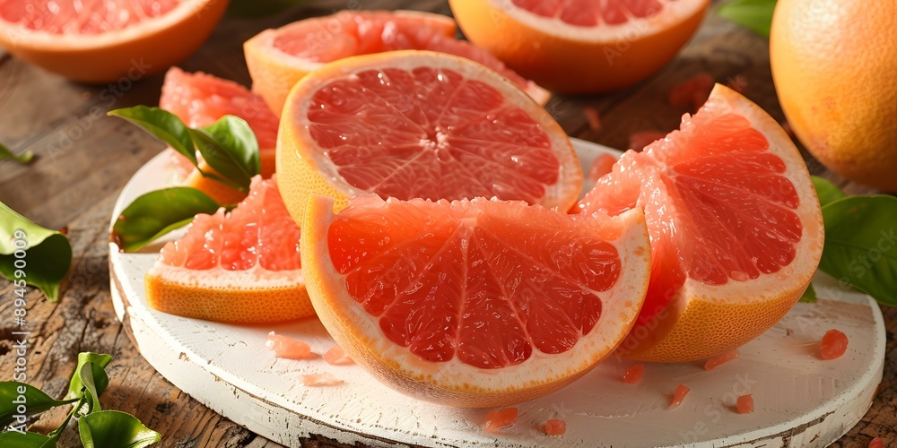 Fresh Grapefruit Slices on White Plate with Green Leaves Fresh Grapefruit Slices on White Plate with Green Leaves