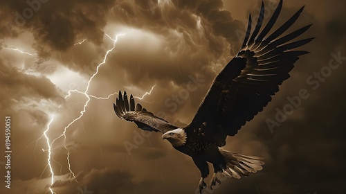 eagle powerful bird flying wings flutter in the rain clouds storm lightning on the sky photo