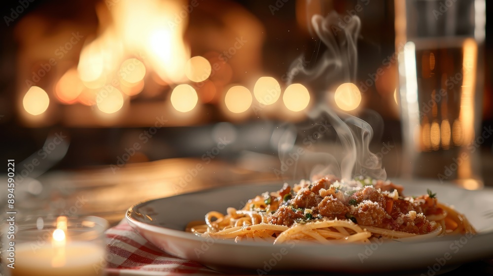 A plate of spaghetti covered in a rich tomato-based sauce, garnished with cheese and herbs, set in a cozy restaurant environment enhanced by warm lighting and a blurred background. A plate of spaghetti covered in a rich tomato-based sauce, garnished with cheese and herbs, set in a cozy restaurant environment enhanced by warm lighting and a blurred background.