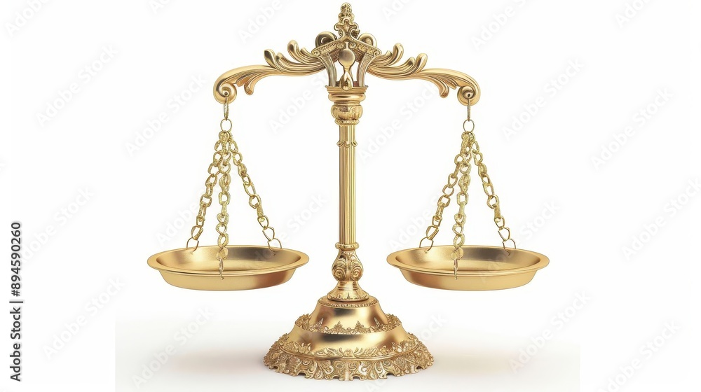 ornate golden scales of justice balanced perfectly against a stark white background symbolizing law fairness and equilibrium ornate golden scales of justice balanced perfectly against a stark white background symbolizing law fairness and equilibrium