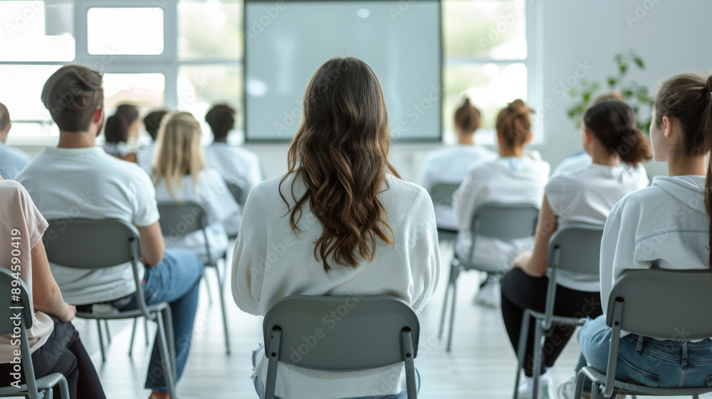 Obraz premium A diverse group of people sits in a bright room, attentively listening to a presentation during a training session.