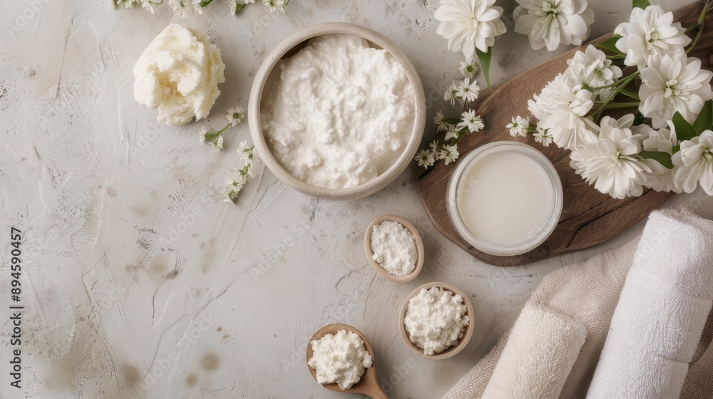 A selection of dairy items including cream and cottage cheese surrounded by white flowers on a beige surface, creating a cozy and homely atmosphere. A selection of dairy items including cream and cottage cheese surrounded by white flowers on a beige surface, creating a cozy and homely atmosphere.