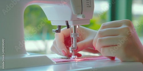 Close-up photo of hands sewing pink fabric on a white modern sewing machine. Sewing and hobby concept.
