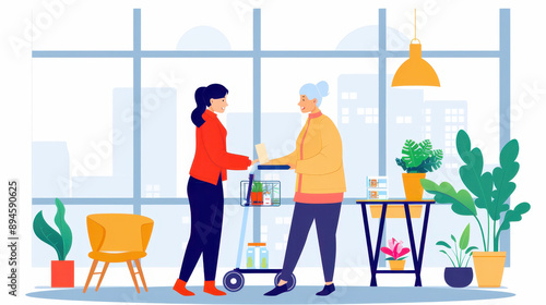 Two women exchanging goods in a bright, modern setting with plants and furniture, showcasing friendly interaction and lifestyle scenes © M