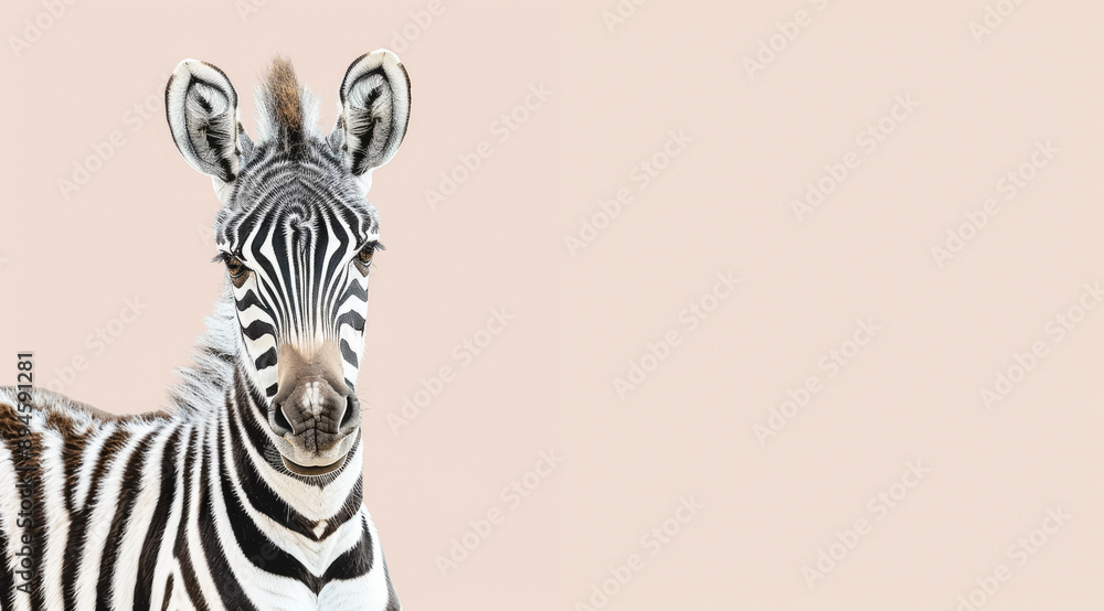 Frontal view of a zebra face with a serene expression, set against a soft pink background, showcasing detailed facial stripes Frontal view of a zebra face with a serene expression, set against a soft pink background, showcasing detailed facial stripes