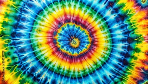 Fototapeta Naklejka Na Ścianę i Meble -  Vibrant colorful tie dye design featuring mesmerizing swirls and psychedelic shapes in shades of blue, green, and yellow, ideal for retro-themed backgrounds and textures.