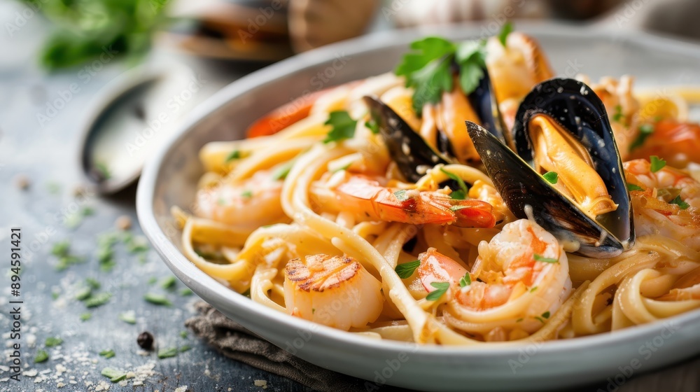 A delectable seafood pasta dish featuring shrimp, mussels, and scallops, garnished with fresh herbs, offering a delightful and visually delightful meal presentation. A delectable seafood pasta dish featuring shrimp, mussels, and scallops, garnished with fresh herbs, offering a delightful and visually delightful meal presentation.