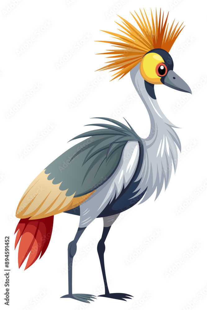 Vector of a majestic crowned crane with striking feather details and a unique crest, elegantly poised on a white background Vector of a majestic crowned crane with striking feather details and a unique crest, elegantly poised on a white background