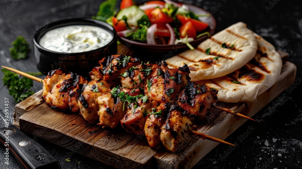 Grilled chicken skewers served with naan bread and a fresh salad, accompanied by a creamy dipping sauce, offering a satisfying and visually tempting meal. Grilled chicken skewers served with naan bread and a fresh salad, accompanied by a creamy dipping sauce, offering a satisfying and visually tempting meal.
