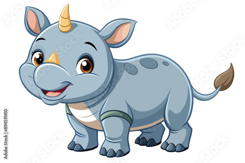 Vector of a delightful blue rhinoceros with a yellow horn, designed with cute oversized features on a white background