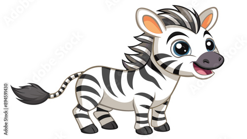 Vector of a joyful zebra foal with playful stripes and an engaging smile, designed for children's books on a white background