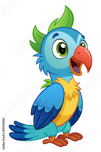 Vetor of Vibrant cartoon parrot with blue, green, and yellow feathers, depicted in a cheerful pose, ideal for children's illustrations