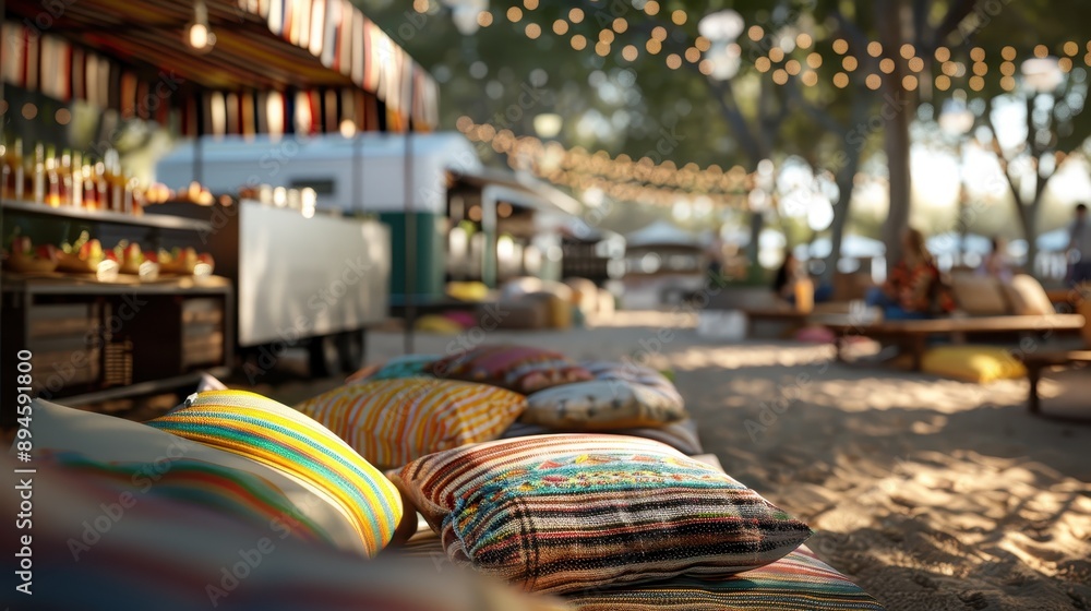 A lively outdoor market scene featuring cozy seating with colorful pillows and warm decorative lights, evoking a festive and welcoming atmosphere in the midst of a bustling market. A lively outdoor market scene featuring cozy seating with colorful pillows and warm decorative lights, evoking a festive and welcoming atmosphere in the midst of a bustling market.