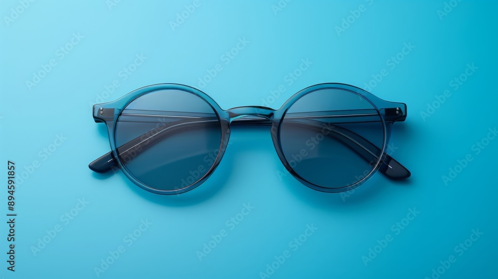 Fototapeta premium Blue Plastic Sunglasses on Blue Background: Round Frame Design for Summer