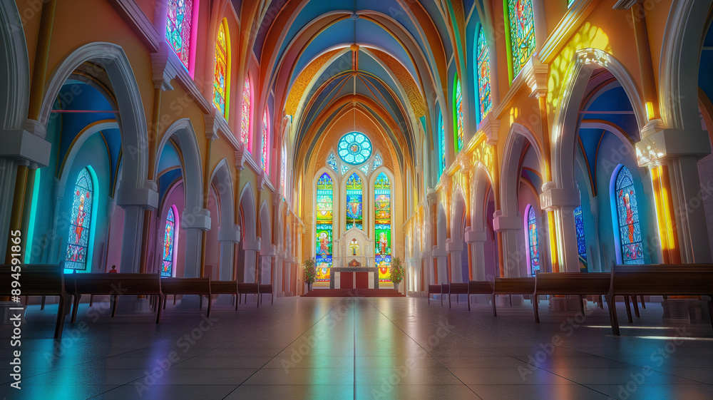 Vibrant Church Interior with Stained Glass Windows Vibrant Church Interior with Stained Glass Windows