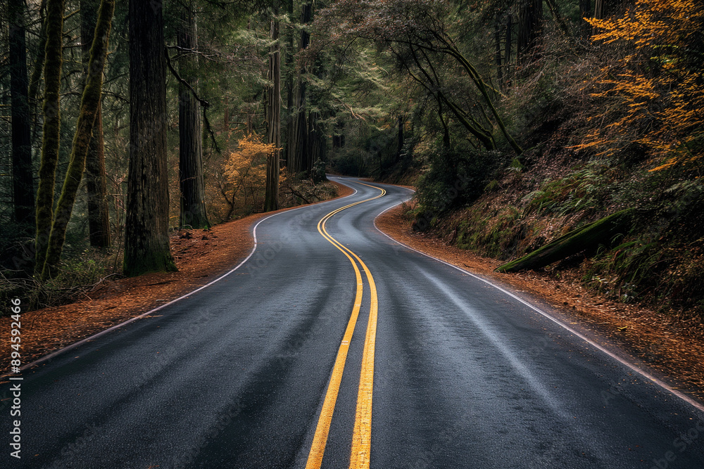 Curved asphalt road snakes through a dense, vibrant green forest, embodying a serene drive in the wilderness. Curved asphalt road snakes through a dense, vibrant green forest, embodying a serene drive in the wilderness.
