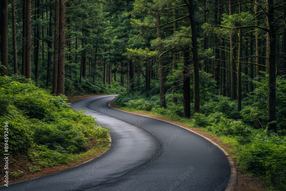 Curved asphalt road snakes through a dense, vibrant green forest, embodying a serene drive in the wilderness. Curved asphalt road snakes through a dense, vibrant green forest, embodying a serene drive in the wilderness.